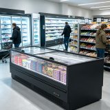 Flat Glass Top Commercial Island Display Freezer Air Cooling Frozen Food Seafood Chest Freezer for Supermarket