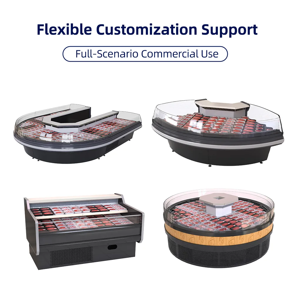 Round Corner Island Meat Refrigerated Chiller Open Front Design Packaged Sausage Deli Display Fridge for Fresh Meat Zone