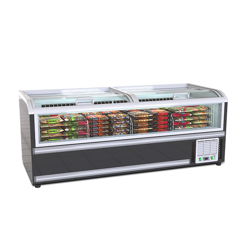 Flat Glass Top Commercial Island Display Freezer Air Cooling Frozen Food Seafood Chest Freezer for Supermarket