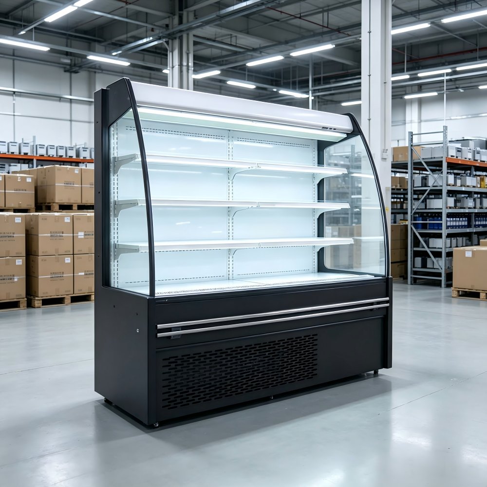 Anti-fog Curved Glass Cooler Bright LED Open Display Chiller for Supermarket Drink Section