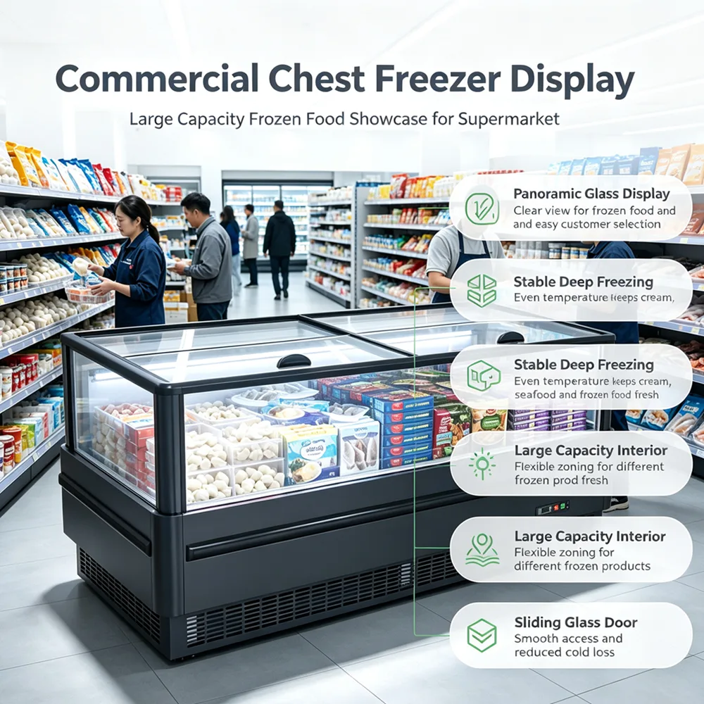 Single Section Lift-Up Glass Island Freezer Commercial Frozen Food Display Chest Freezer for Retail Mini Market