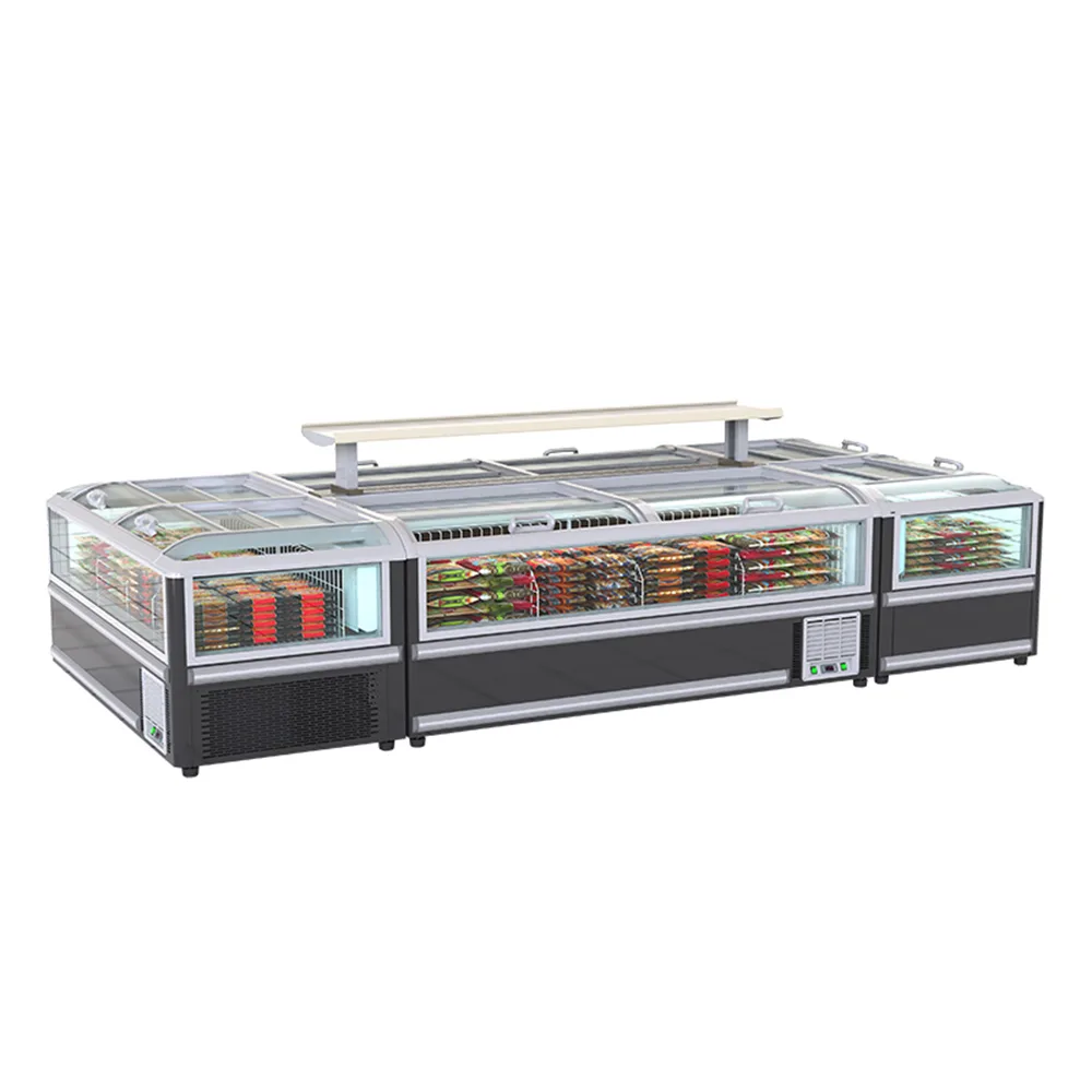 Flat Glass Top Commercial Island Display Freezer Air Cooling Frozen Food Seafood Chest Freezer for Supermarket