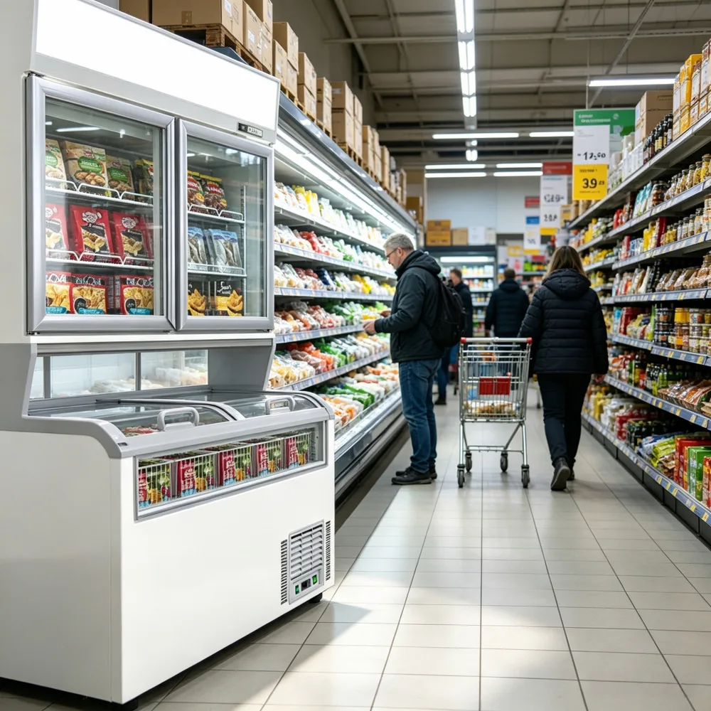 Anti-Fog Full View Glass Combined Freezer Built-In LED Lighting for Frozen Dumpling Seafood Retail Merchandising