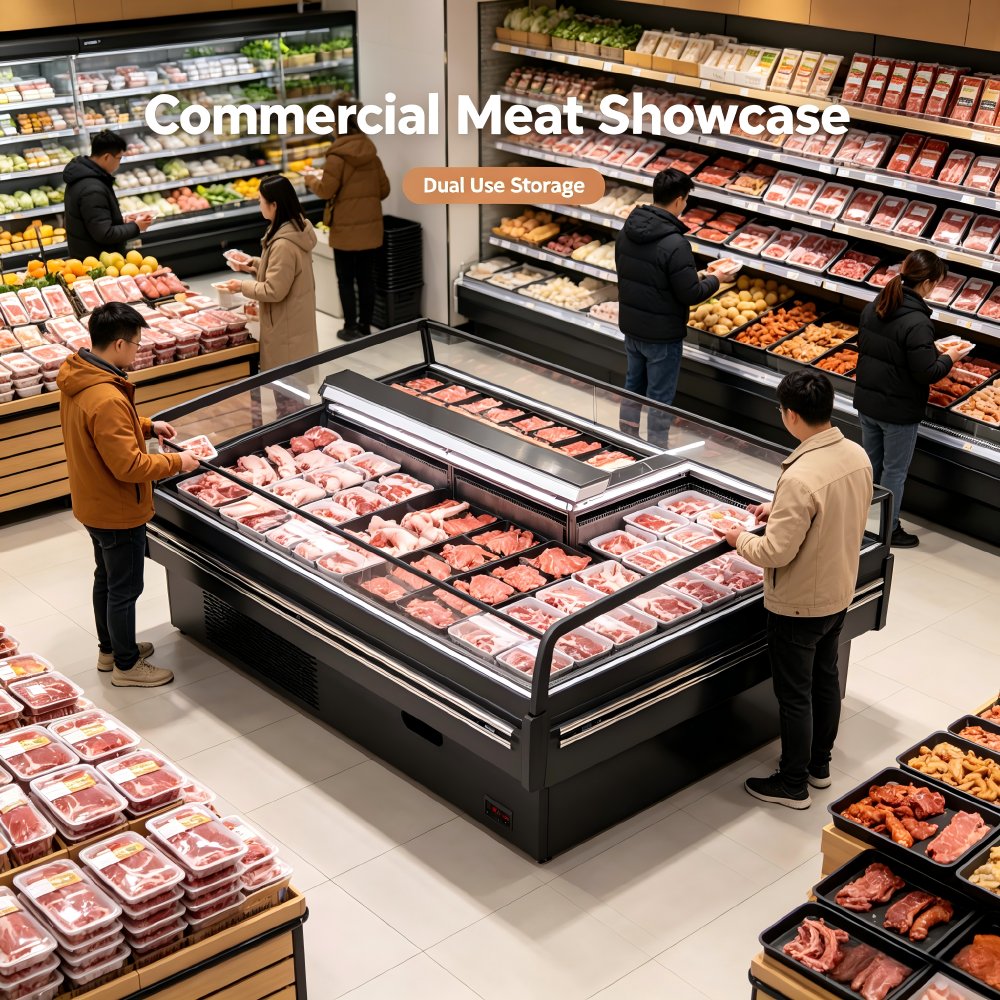 Open Flat Top Meat Display Refrigerator Anti Fog Side Glass Deli Showcase