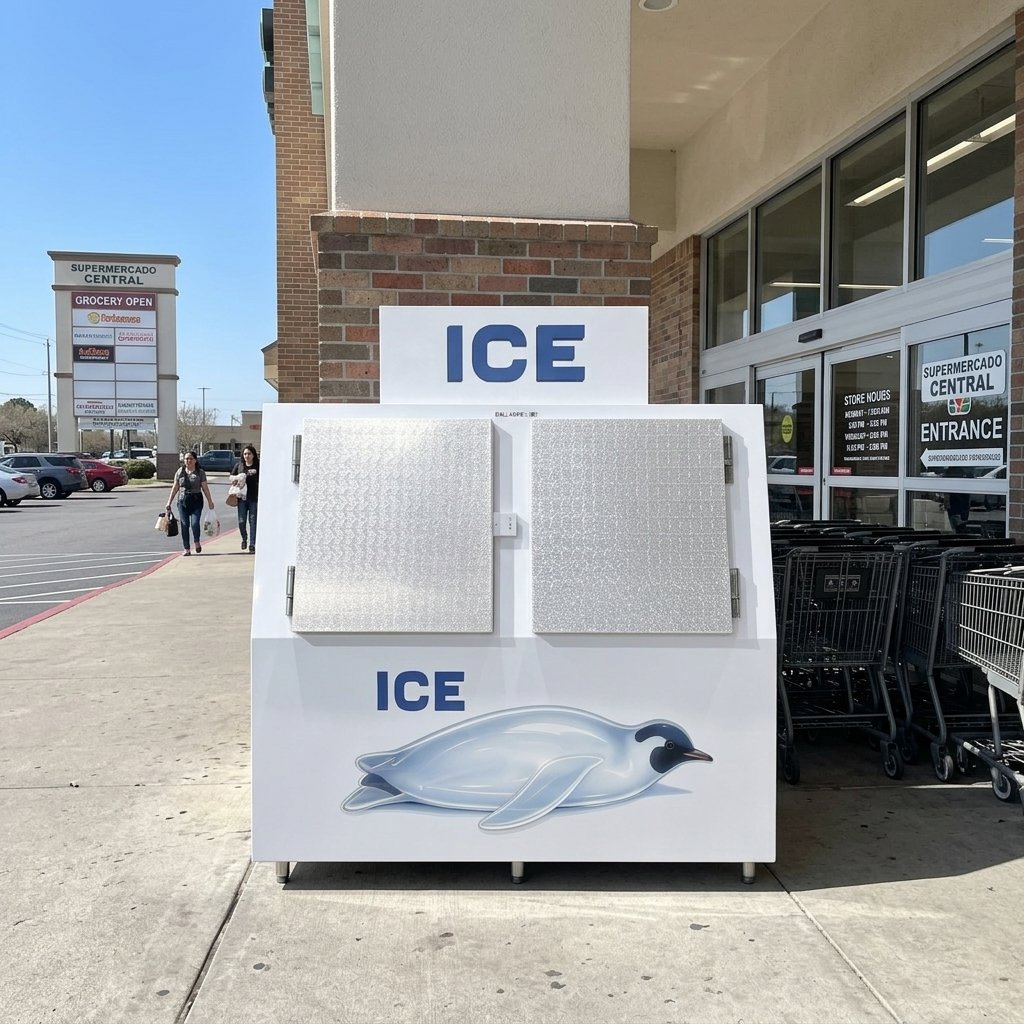 Top Mount Compressor Upright Ice Bin Freezer Heavy Duty Vertical Ice Storage Merchandiser