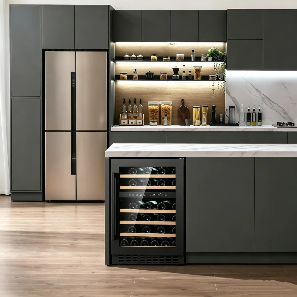 L-Undercounter Wine Fridge With Pull-out Beech Racks Digital Touch Control Compact Home Wine Cabinet