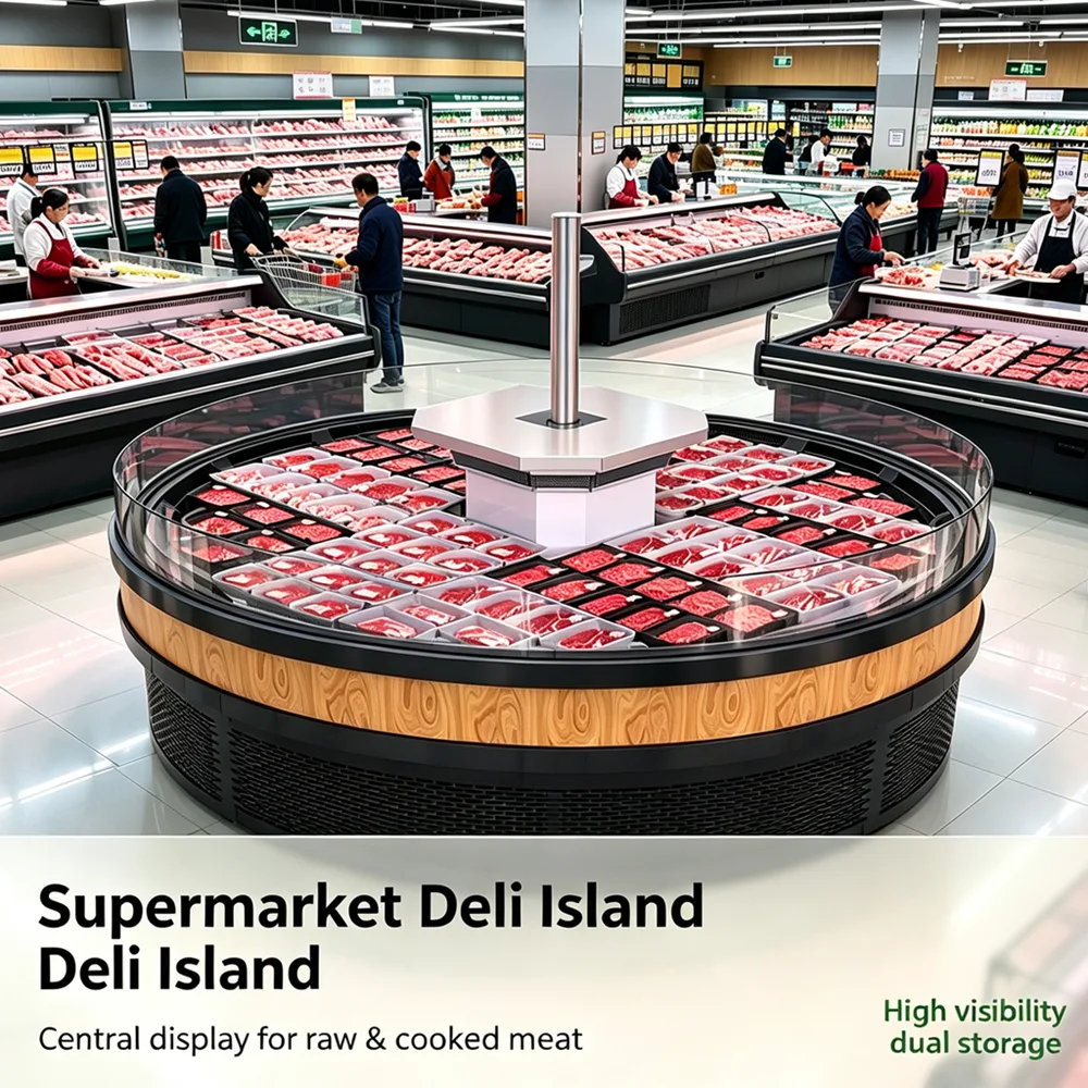 OEM L Shaped Corner Meat Display Refrigerator Anti-Fog Glass LED Light Fresh Meat Chiller