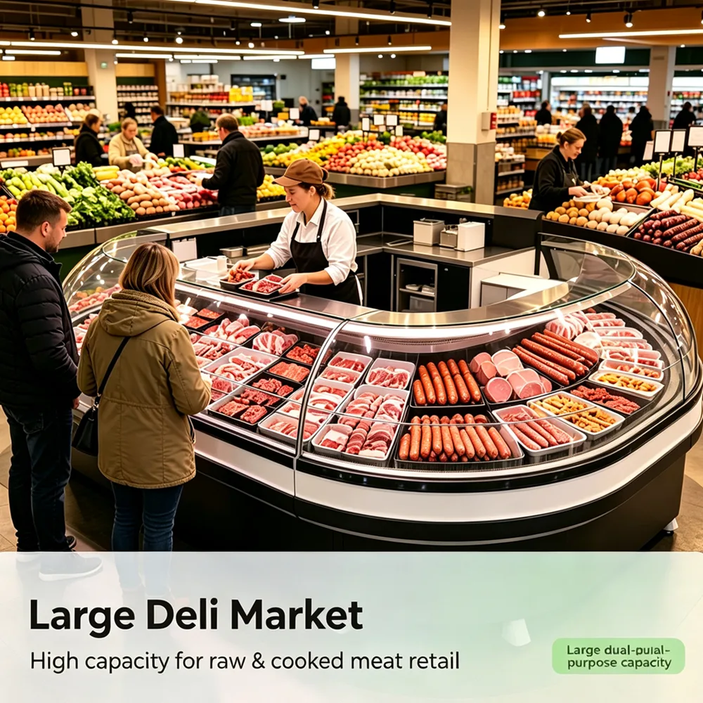 Fan Shape Curved Corner Meat Display Cooler Air Cooling Raw Meat Refrigerated Showcase