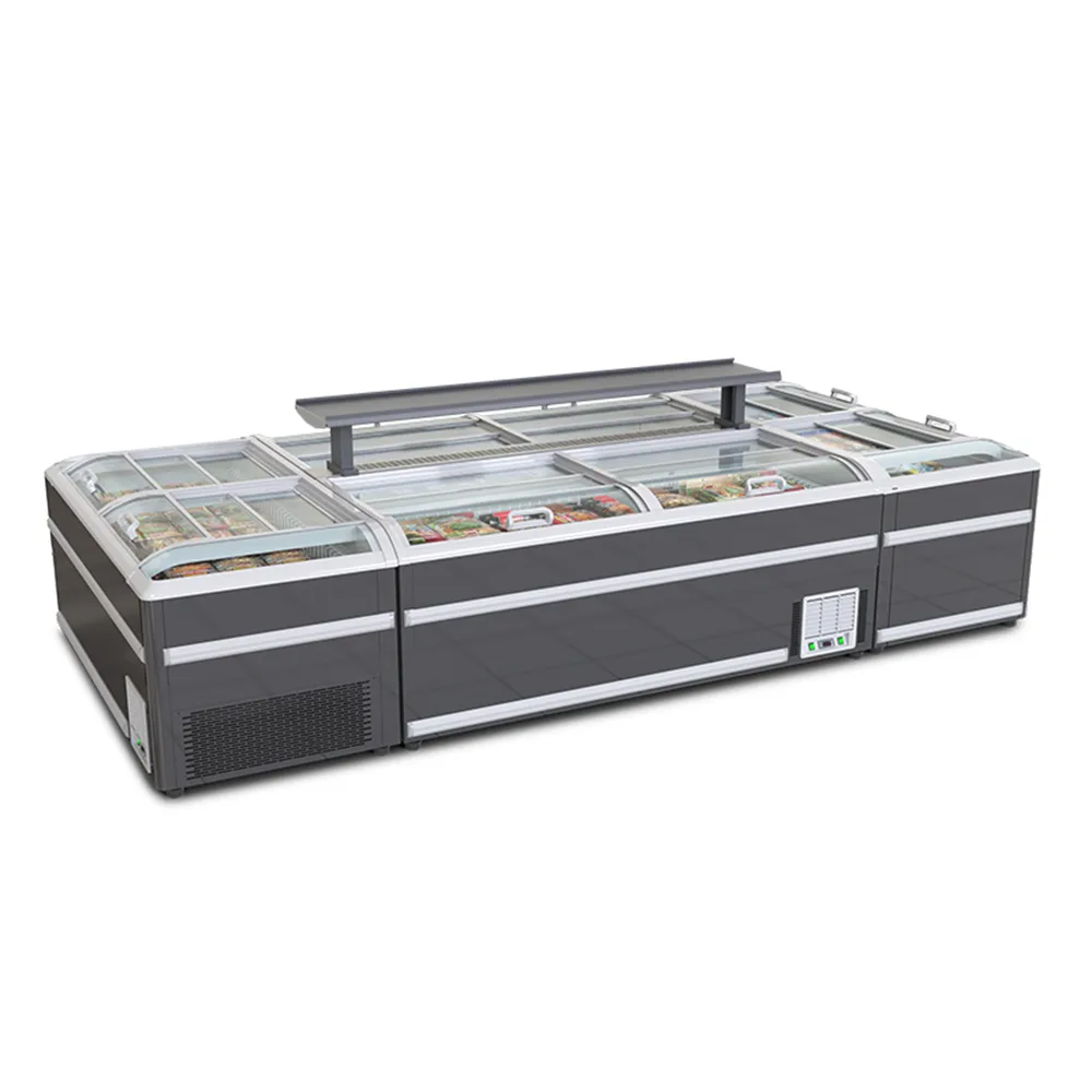 Supermarket Central Island Freezer Modular Splicable Commercial Deep Freezer With Panoramic Curved Glass