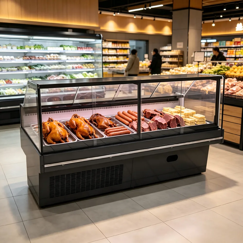 Digital Temp Control Commercial Curved Deli Cooler Anti Fog Glass Braised Meat Display Cabinet for Supermarket Deli Counter