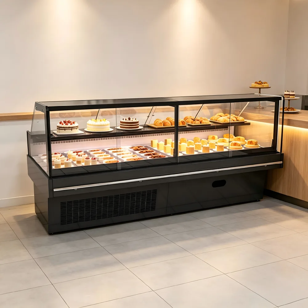 Energy Efficient Flat Glass Deli Refrigerated Showcase Seafood Cooked Meat Combined Display Cooler