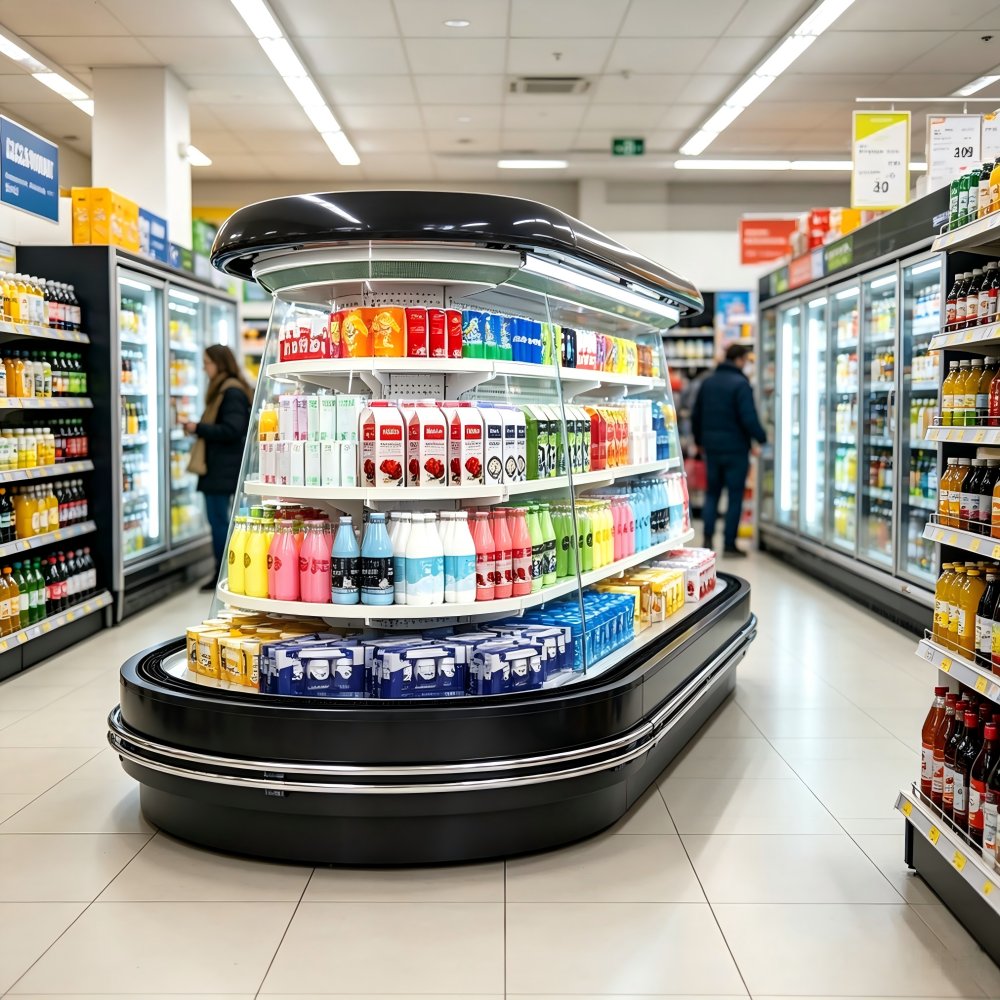 Energy Saving Black Finish Merchandiser Cooler Uniform Cooling Oval Island Chiller for Beverage