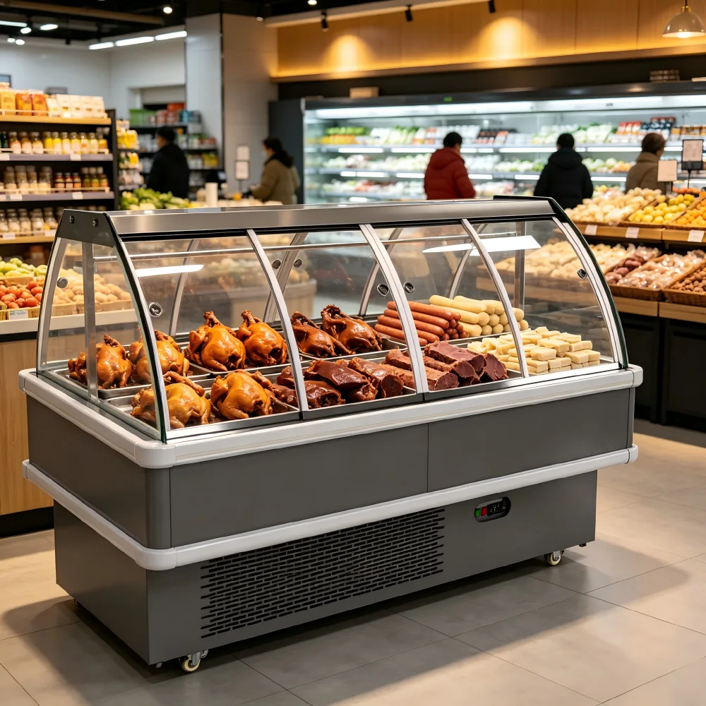 Curved Flip Open Glass Deli Display Case Wheeled Air Cooling Refrigerated Meat Showcase for Supermarket Butcher Shop