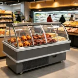 Curved Flip Open Glass Deli Display Case Wheeled Air Cooling Refrigerated Meat Showcase for Supermarket Butcher Shop