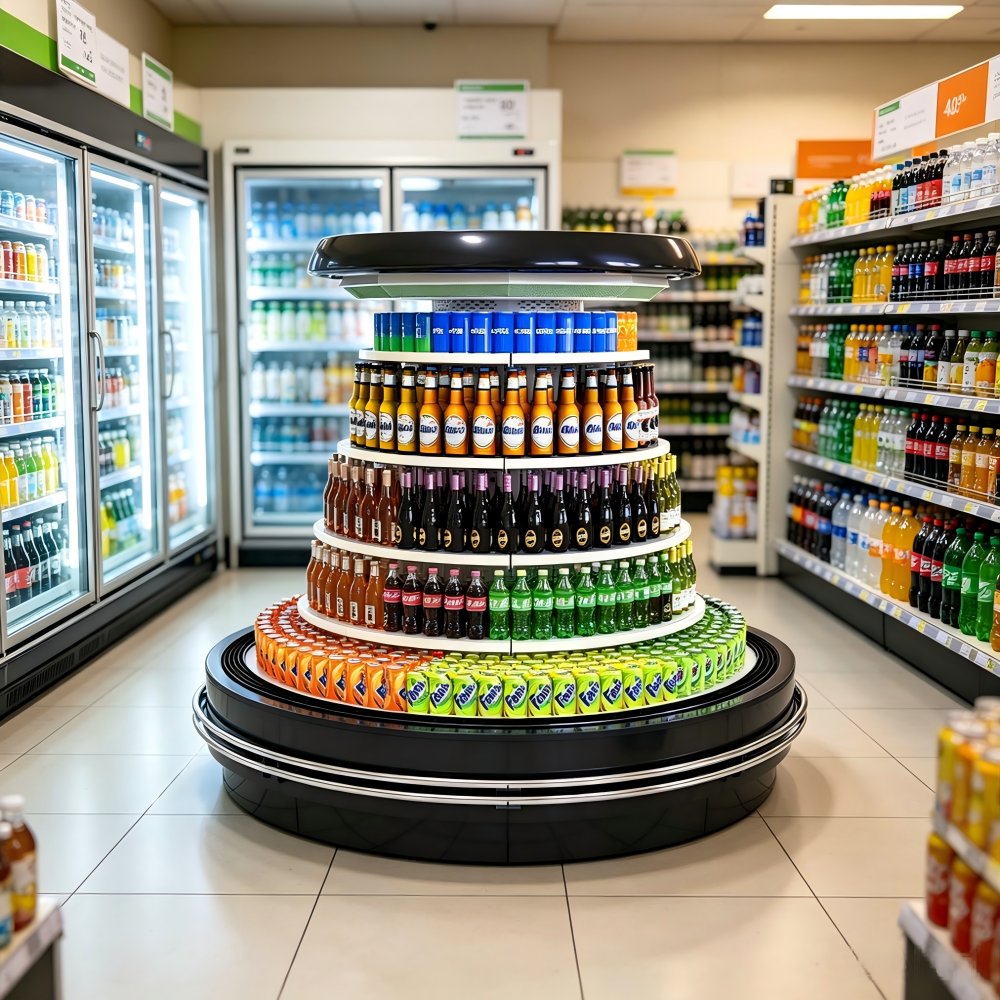 Compact Freestanding Display Cooler Multi Tier Shelves Circular Display Chiller for Store Center