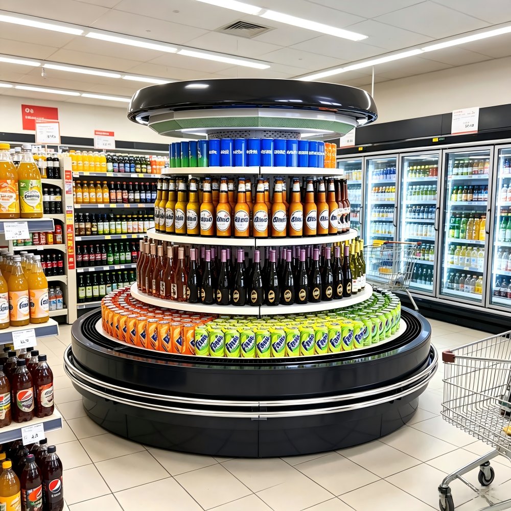 Compact Freestanding Display Cooler Multi Tier Shelves Circular Display Chiller for Store Center