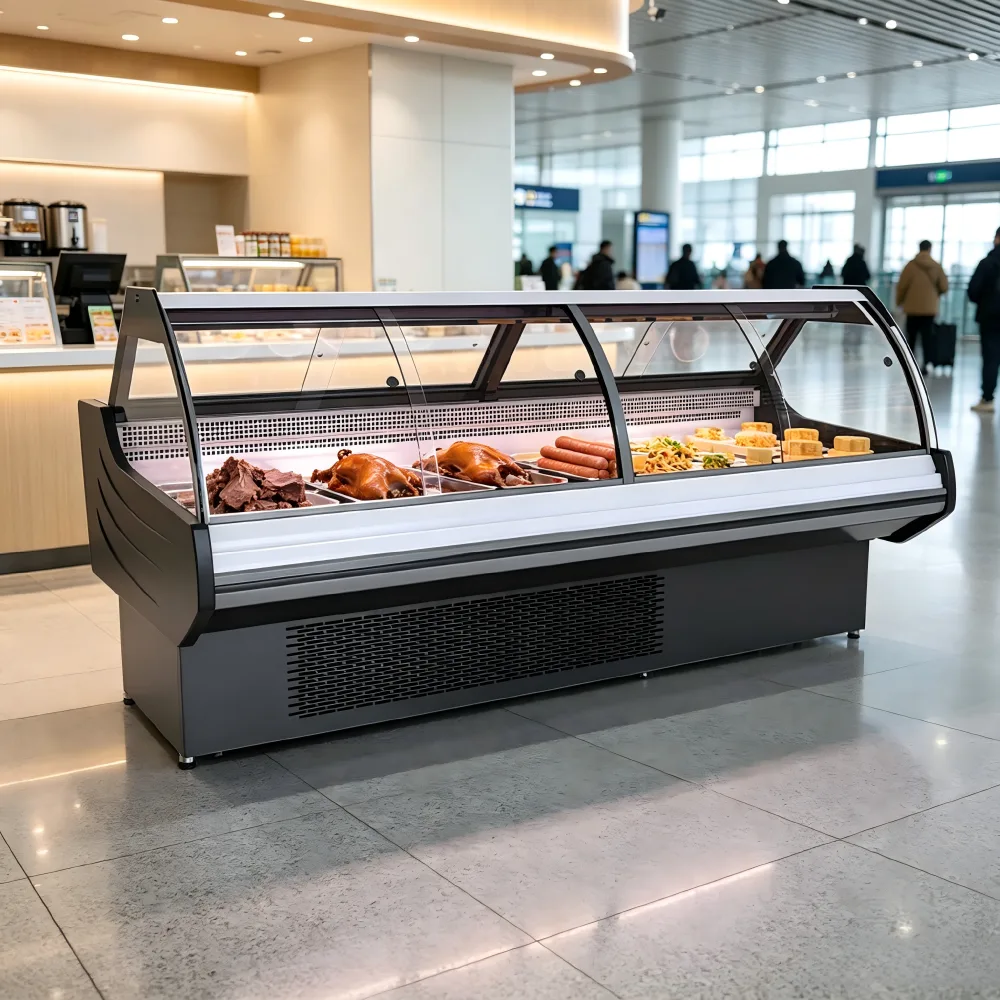 Curved Glass Floor Standing Deli Display Case Commercial Fresh Meat Refrigerated Showcase for Supermarket Butcher Shop