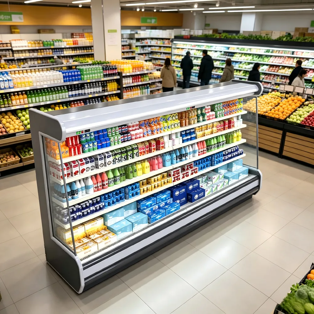 Energy Saving Open Air Display Fridge Vertical Air Curtain Drink Cooler for Supermarket Juice Soda Display