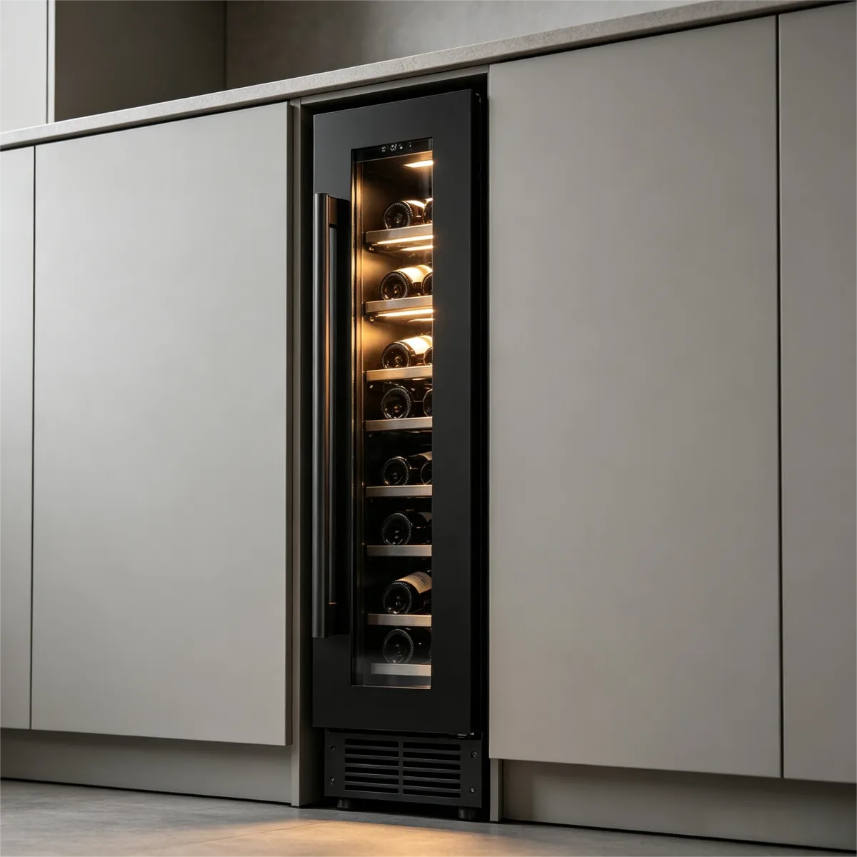 C-22L Narrow Vertical Built in Wine Refrigerator Constant Temp Glass Door Wine Cooler for Home Kitchen