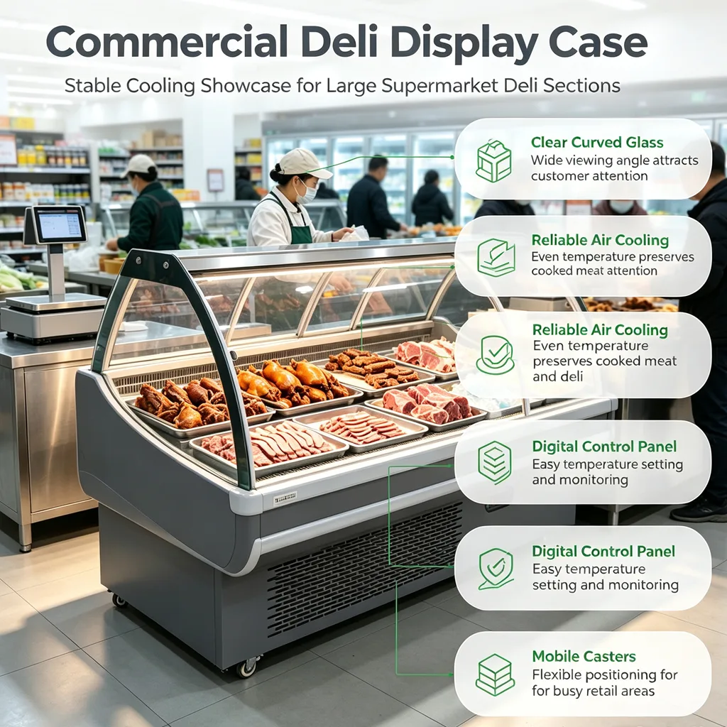 Stain Resistant Curved Flip Glass Deli Showcase Energy Saving Refrigerated Meat Chiller for Commercial Food Retail Shop
