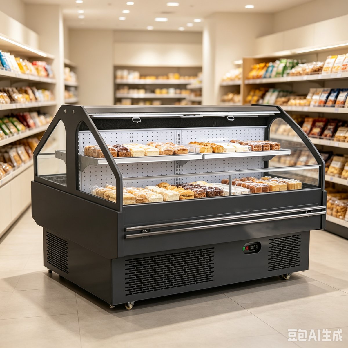 Curved Glass Deli Display Case Flip-Top Double Tier Refrigerated Showcase for Supermarket Cooked Food
