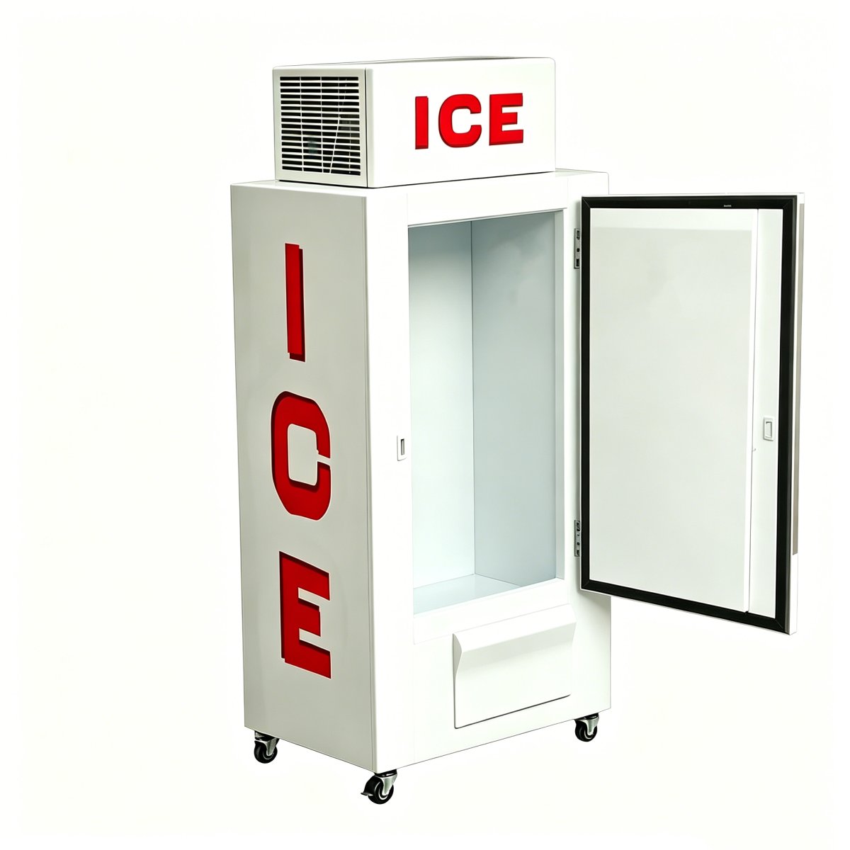 L-Single Solid Door Ice Merchandiser Freezer, Low Temperature Commercial Ice Storage Freezer with Brake Casters