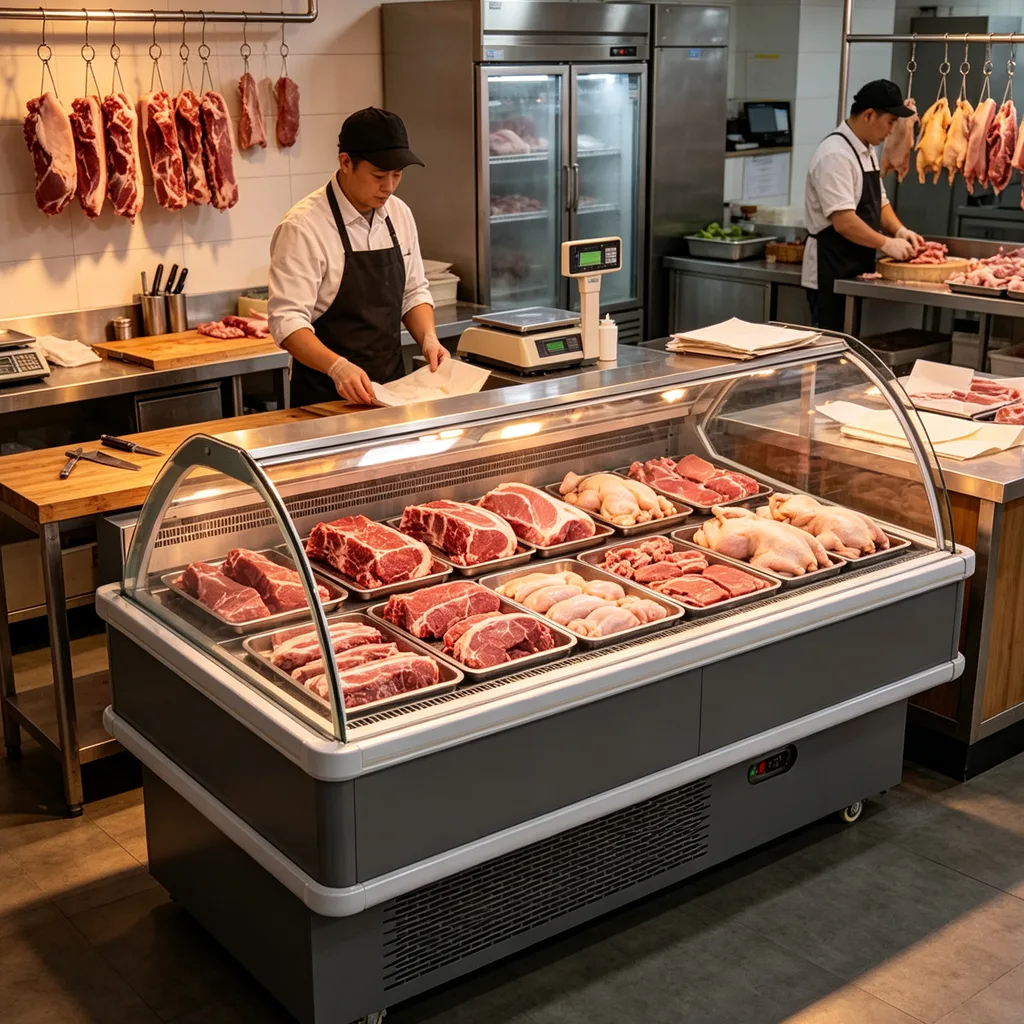 Commercial Air Cooled Curved Glass Meat Deli Display Refrigerator Mobile Design for Local Food Market Retail Business