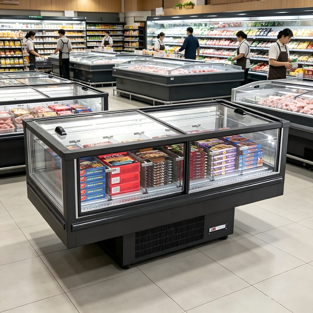 Sliding Glass Freezer Commercial Island Display Freezer for Supermarket Frozen Food Ice Cream Seafood Storage