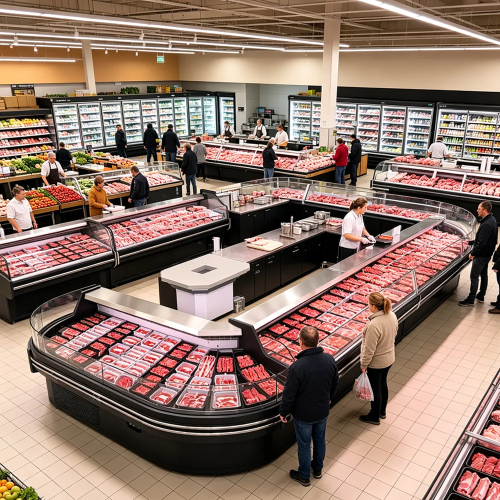 Commercial Loop Island Open Meat Display Refrigerator Anti-Fog Side Glass LED Meat Light Chiller Deli Island Counter