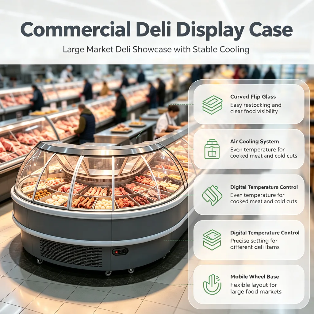 Commercial Mobile Deli Cooler Digital Temp Control Tempered Glass Cooked Food Refrigerated Display Cabinet