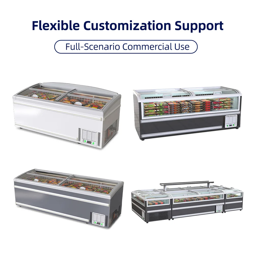 Commercial Modular Island Freezer Supermarket Curved Glass Display Deep Freezer