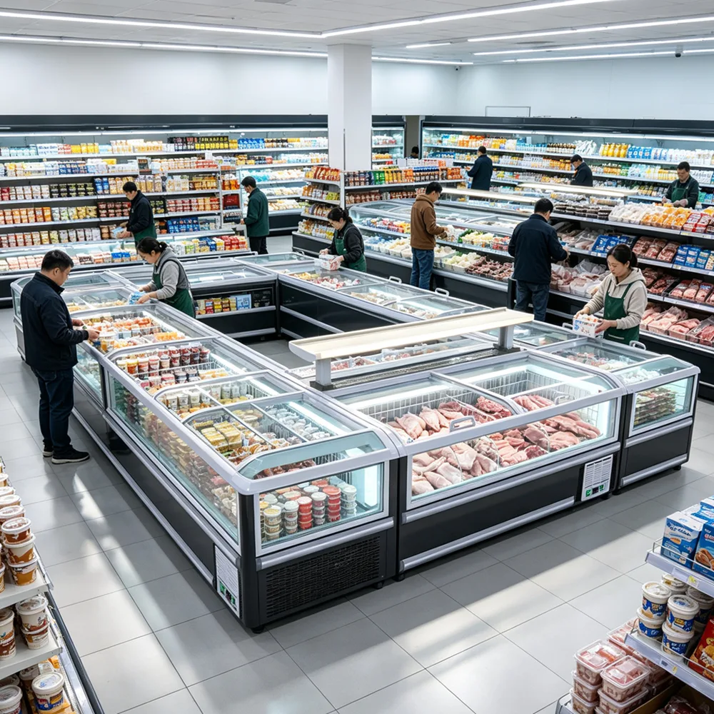 Flat Glass Top Commercial Island Display Freezer Air Cooling Frozen Food Seafood Chest Freezer for Supermarket