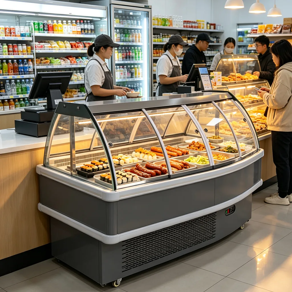 Commercial Air Cooled Curved Glass Meat Deli Display Refrigerator Mobile Design for Local Food Market Retail Business