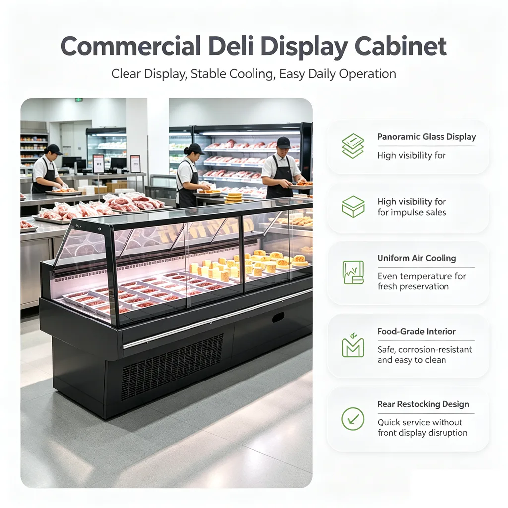 Commercial Flat Glass Cold Food Display Chiller Buffet Deli Meat Cheese Refrigerated Counter for Hotel Restaurant
