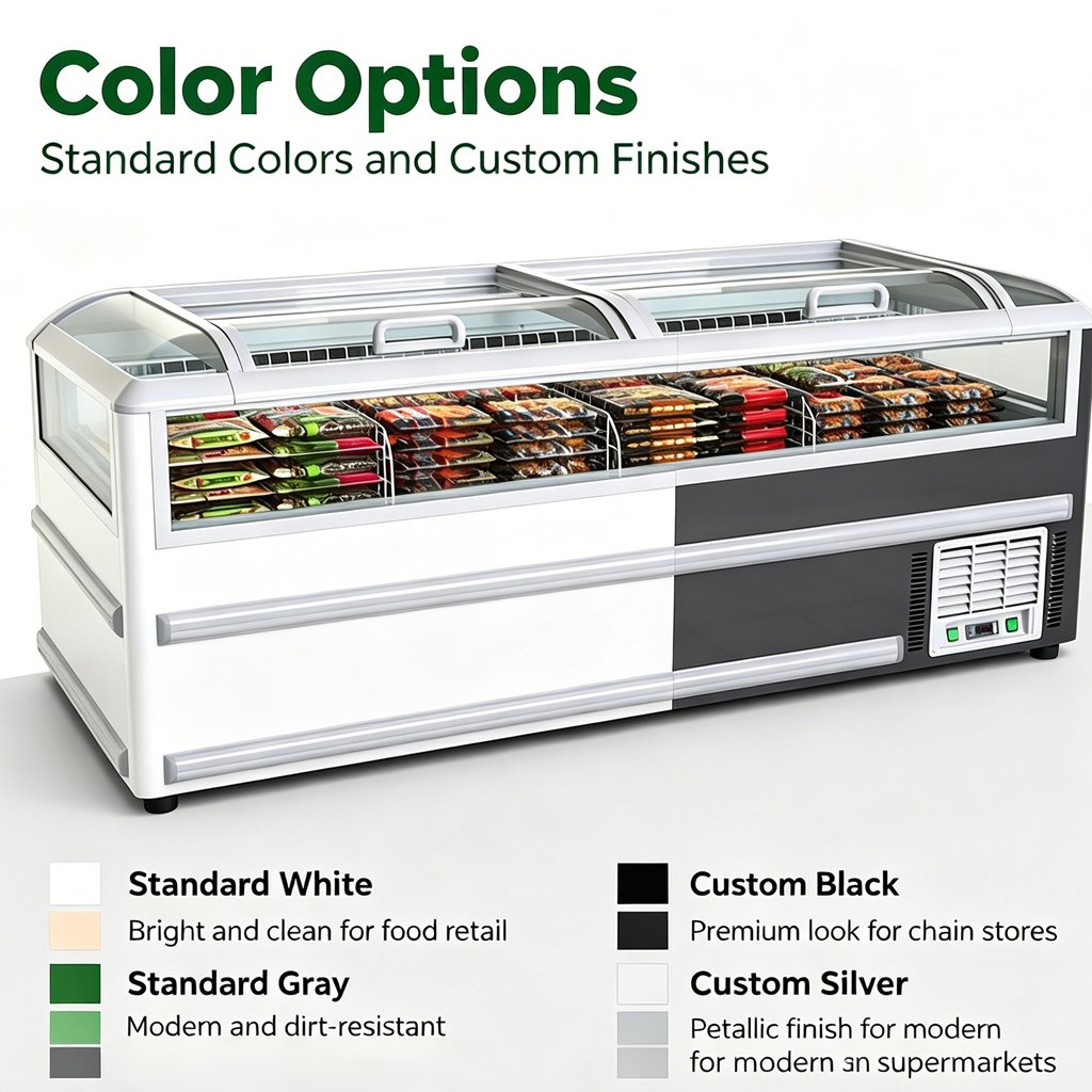 Flat Glass Top Commercial Island Display Freezer Air Cooling Frozen Food Seafood Chest Freezer for Supermarket