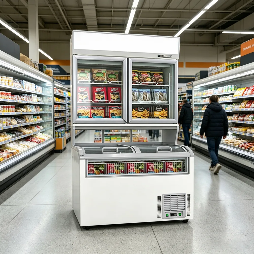Dual-Temp All Frozen Combi Merchandiser 2 Door Upper Display Freezer With Sliding Base Cabinet for Supermarket Frozen Food