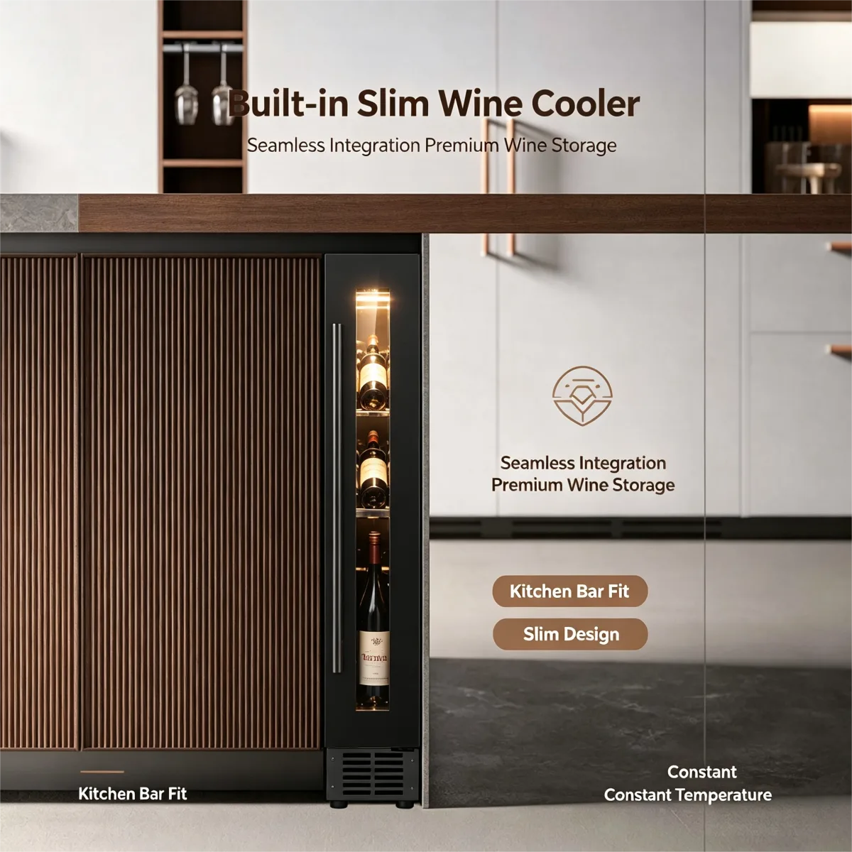 C-22L Narrow Vertical Built in Wine Refrigerator Constant Temp Glass Door Wine Cooler for Home Kitchen
