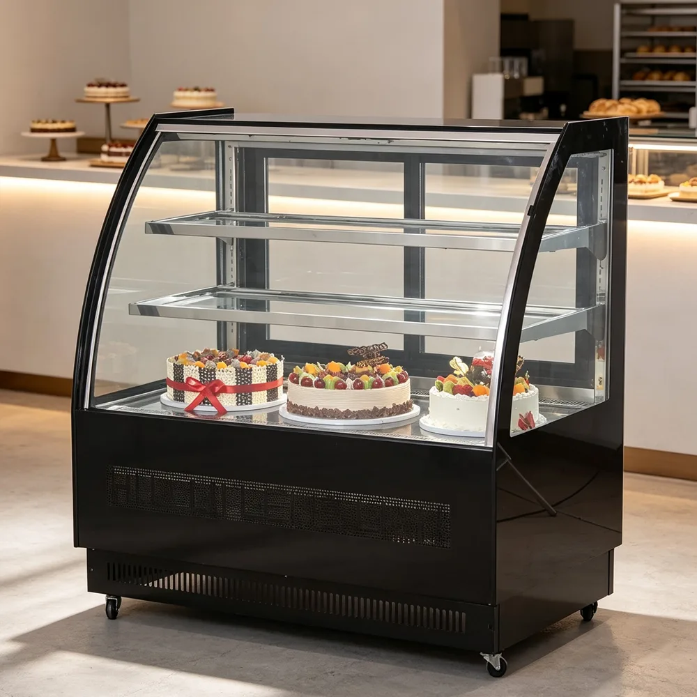 Heated Anti-fog Glass Cake Display Cooler 360° Uniform Cooling Bakery Showcase