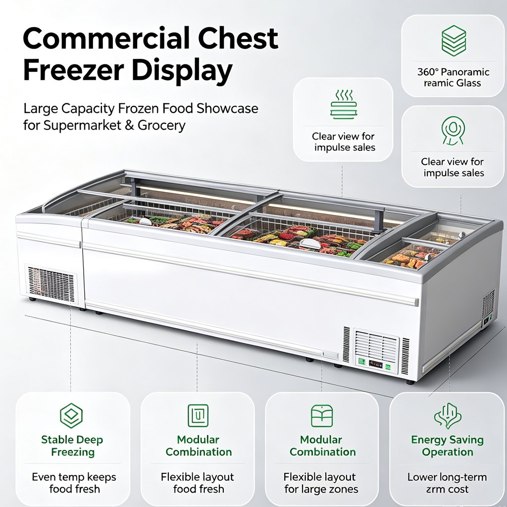 Modular Combined Island Freezer Supermarket Commercial Curved Glass Display Freezer