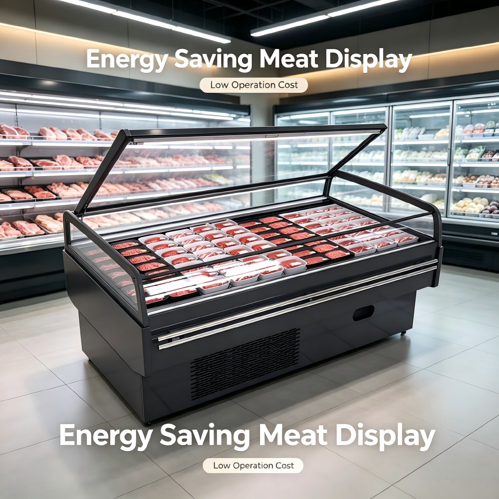 Compact Open Island Deli Display Fridge Air Circulation Cooling for Small Butcher Shop Raw & Cooked Meat