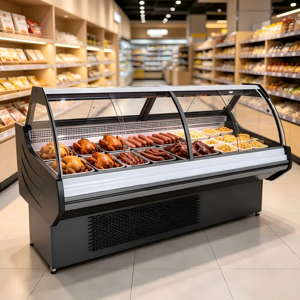 Curved Glass Floor Standing Deli Display Case Commercial Fresh Meat Refrigerated Showcase for Supermarket Butcher Shop