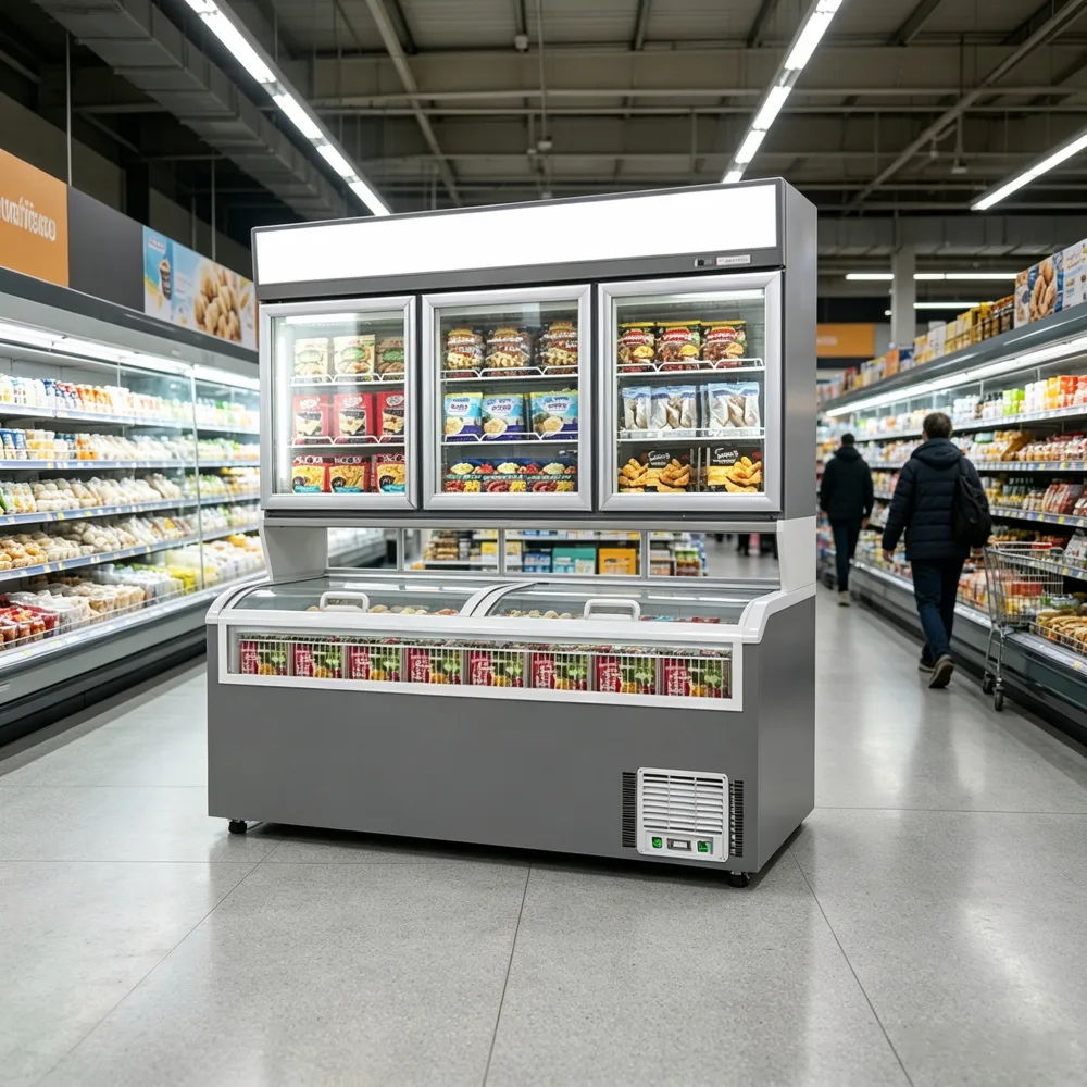 2 Door Upper Frozen Showcase Matched With View Window Base Freezer for Gas Station Retail Outlets