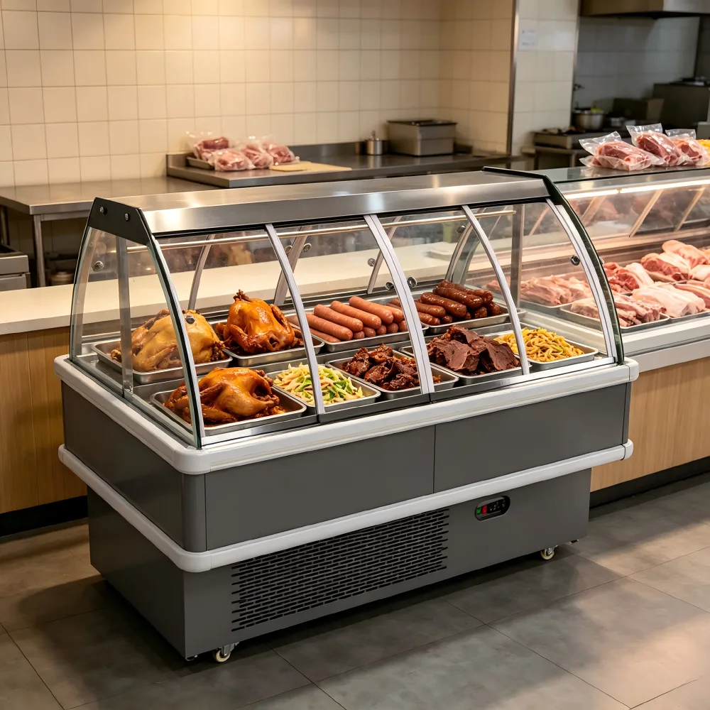 Air Cooling Curved Glass Deli Showcase Mobile Wheel Cooked Meat Refrigerator for Commercial Grocery Retail Market