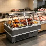 Air Cooling Curved Glass Deli Showcase Mobile Wheel Cooked Meat Refrigerator for Commercial Grocery Retail Market
