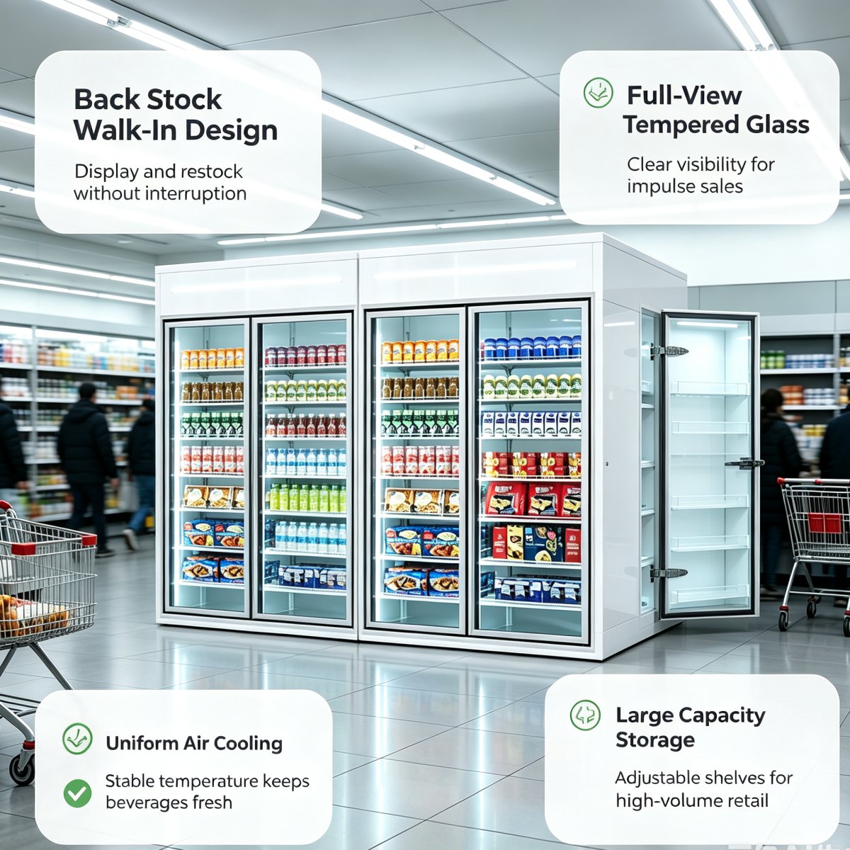 Rear Access Back Stock Display Cooler Commercial Glass Door Walk-in Refrigerator for Supermarket