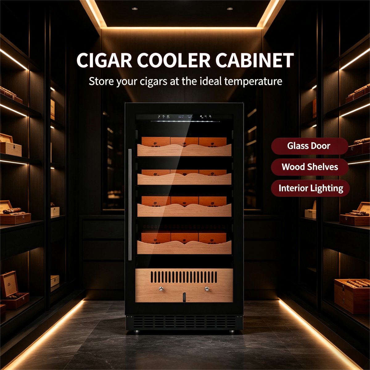 C-265L Large Vertical Cigar Humidor Cedar Wood Racks Constant Temp Humidity Storage