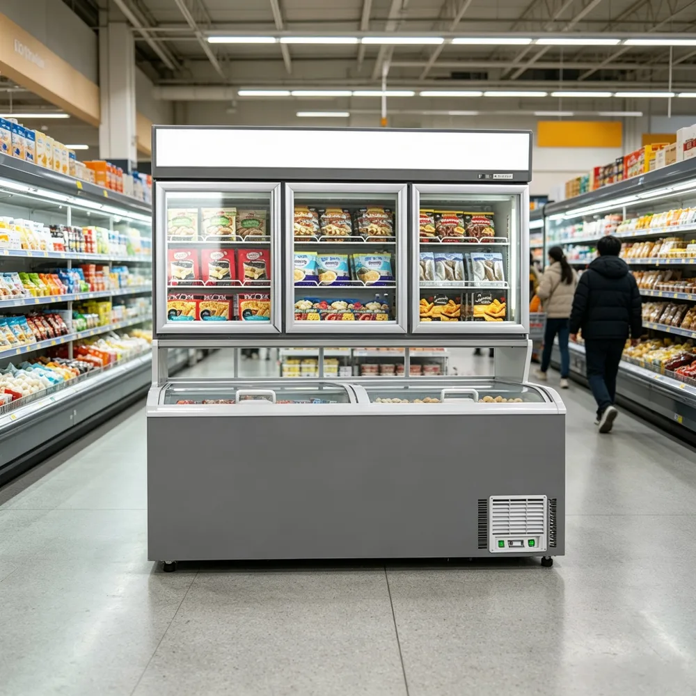 3 Door Dual Tier Deep Freezer Combo Customizable White Gray Body for Snack Bar Frozen Snack Display