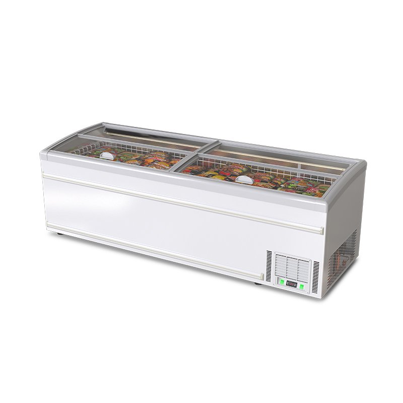 White Curved Glass Top Island Freezer Commercial Display Chest Freezer