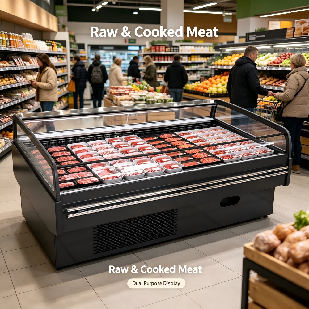 Open Top Island Meat Display Cooler Air Cooling Refrigerated Deli Showcase for Supermarket Raw & Cooked Food
