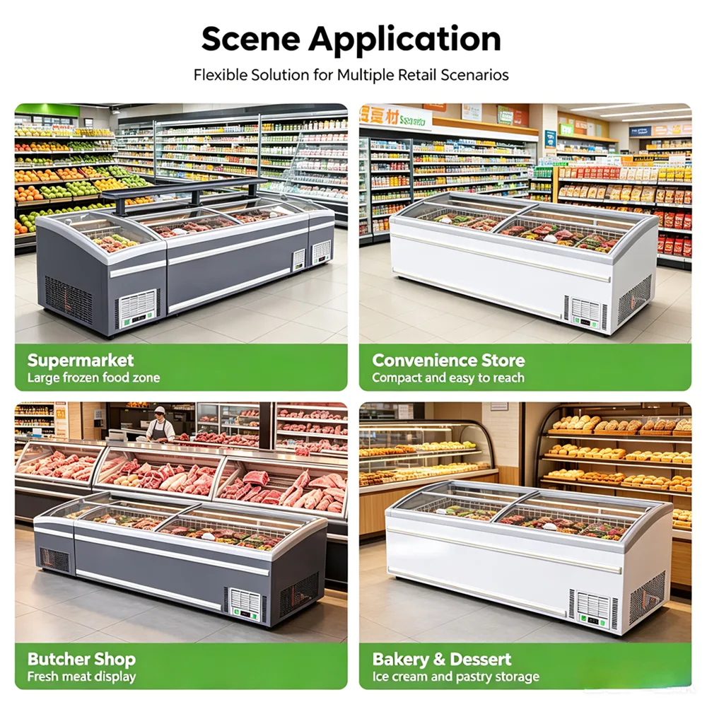 White Double Sliding Lid Island Freezer Energy Saving Frozen Dessert Meat Display Cabinet